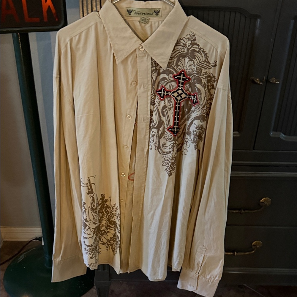 Men's Beige Embroidered Button Down Shirt